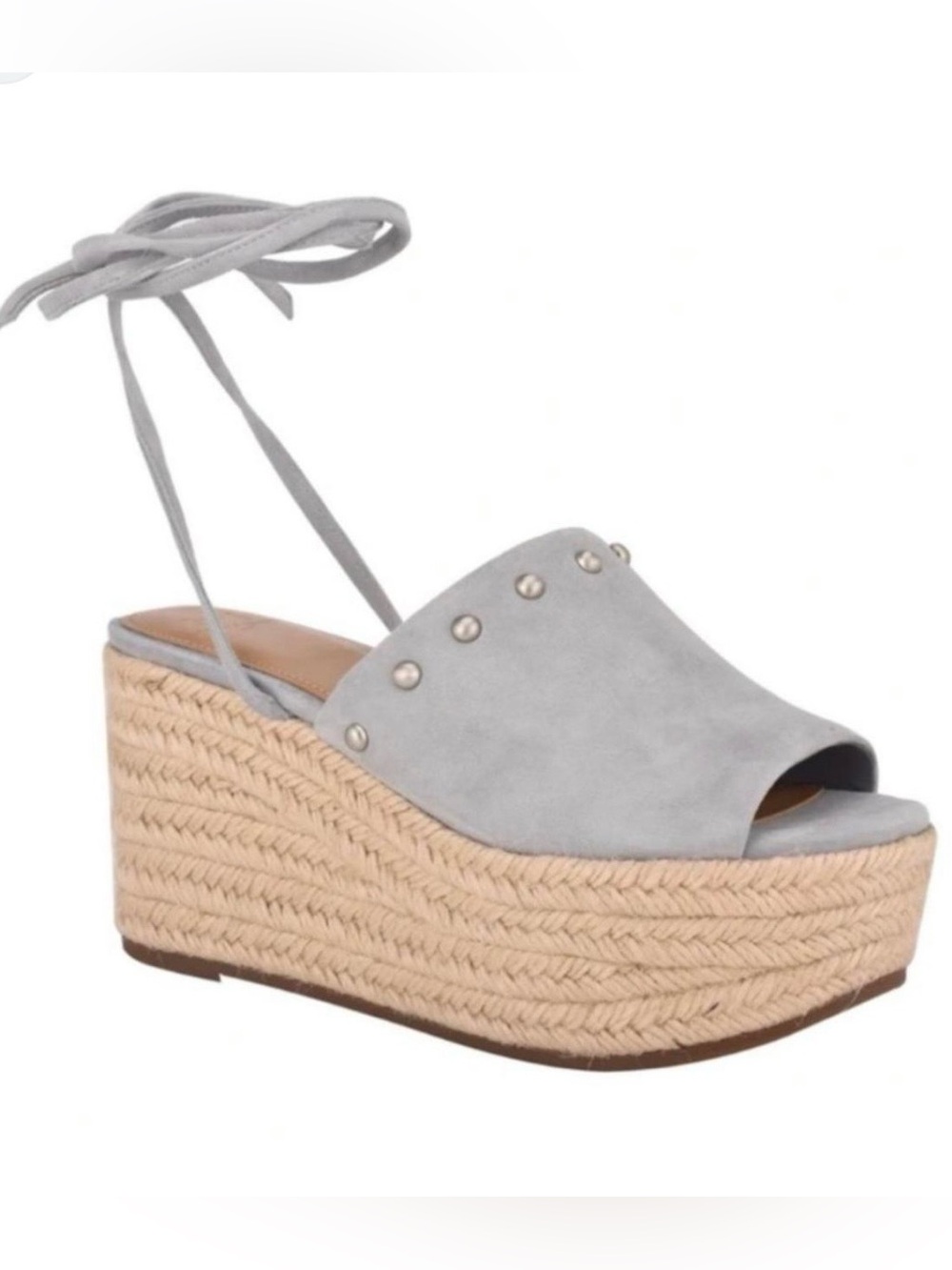Marc Fisher Beige Suede Espadrille Slide Wedge with Ankle Wrap
